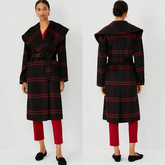 Ann Taylor Wool Blend Plaid Long Coat | Double Breasted Black Gray Red NWOT $300 - Picture 3 of 14